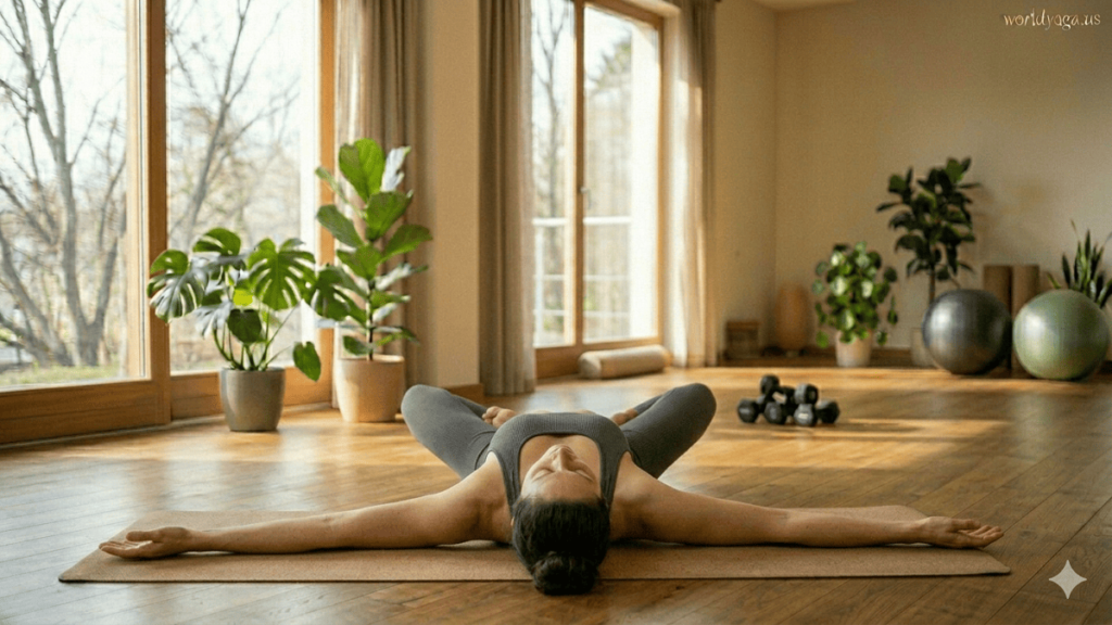 An advanced yoga practitioner performing Jathara Padmasana in a minimalist indoor studio with soft natural lighting and calm atmosphere.