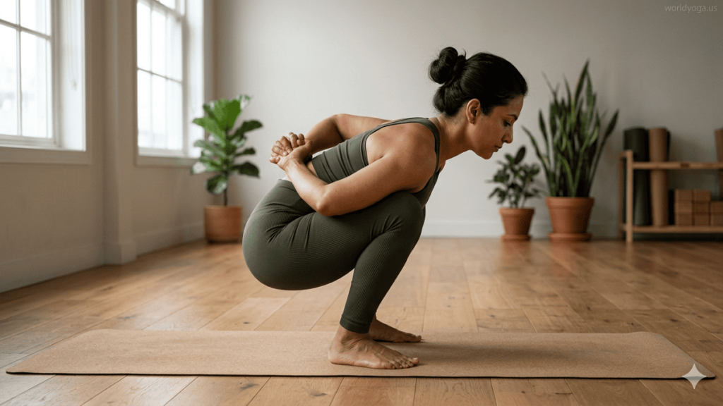Advanced Malasana bound forward-fold squat performed in a yoga studio with correct alignment and calm lighting.
