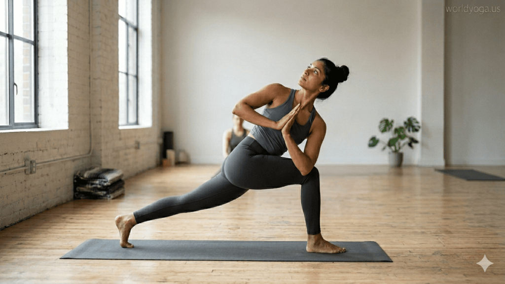 Konasana. Yoga practitioner performing Revolved Side Angle Pose with a deep lunge and spinal twist, hands in prayer position, demonstrating balance, strength, and alignment.