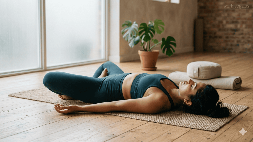An advanced yoga practitioner performing Niralamba Jathara Padmasana in a minimalist indoor studio with soft natural lighting and calm atmosphere.