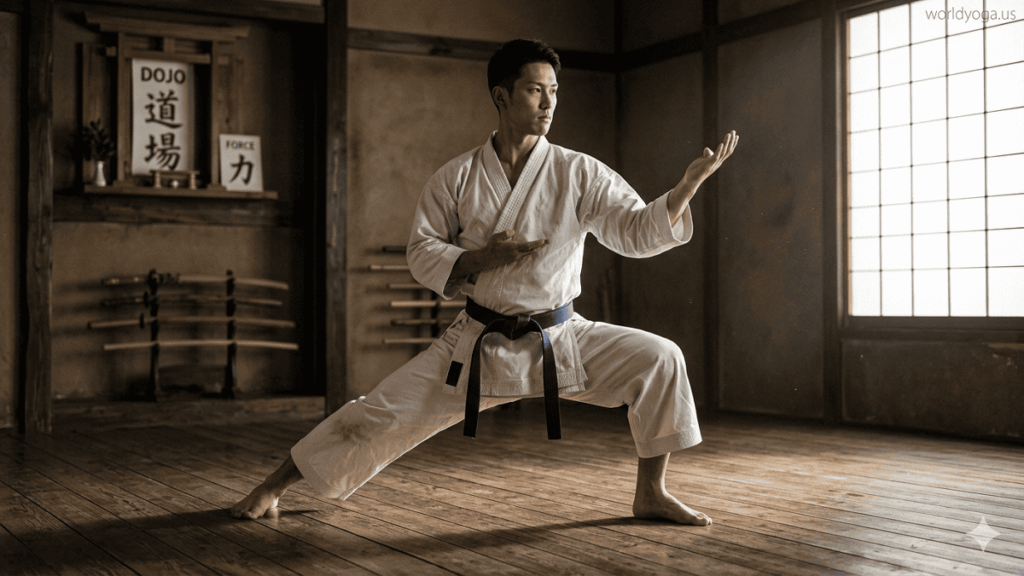 Athlete performing Fighting Warrior Pose in a deep stance inside a traditional dojo with arms in a defensive guard position.