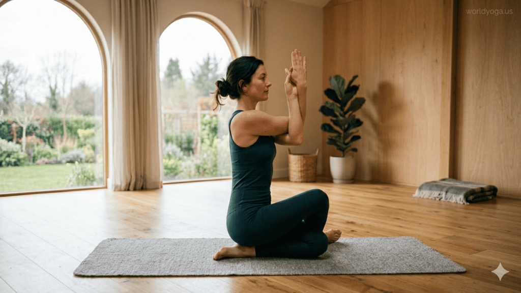 Cow Face Pose. A person practicing a kneeling hybrid yoga pose combining Cow Face and Garuda (Eagle) elements in a minimalist studio with crossed arms and legs.