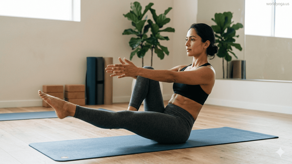 A person performing an advanced asymmetrical Boat Pose yoga variation in a studio with one foot placed toward the opposite hip socket while balancing on sit bones.