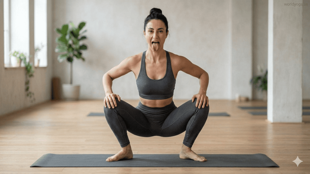 A yoga practitioner performing Lion Pose in Garland Pose in a studio, holding a deep squat with upright spine, hands on knees, and expressive lion breath with open mouth and extended tongue. Watermark “worldyoga.us” appears in the top right corner.