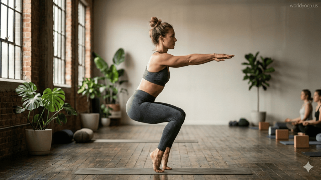 Athlete performing a heel-elevated chair squat in high stance, balancing on forefoot with arms extended forward in a controlled fitness training position.