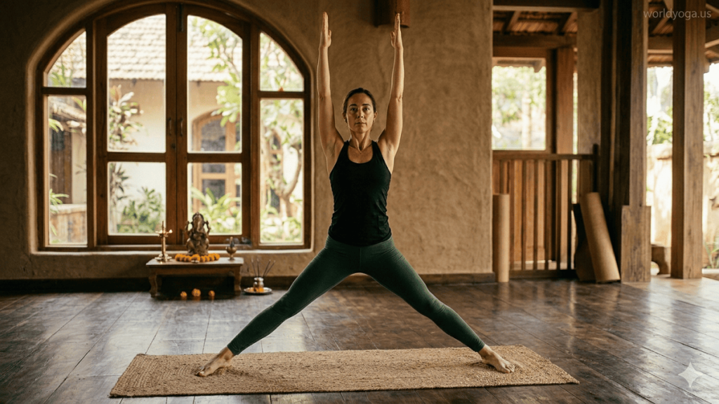 Person performing the Legs Wide: Arms Up Over the Head yoga pose with a wide stance and arms extended overhead in a calm wellness setting.