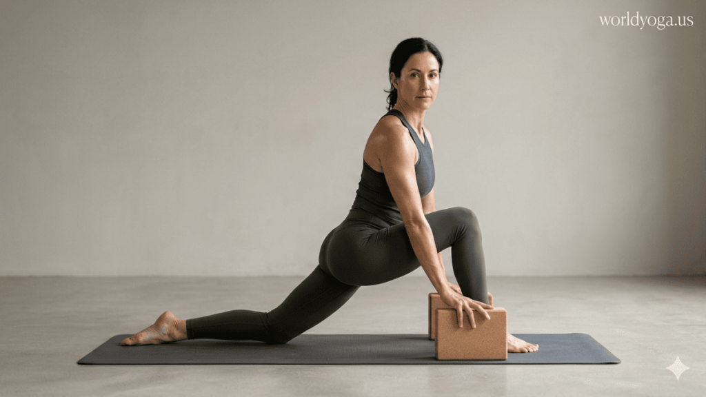 A yoga practitioner performing a supported low lunge with back knee under hip socket, hands on blocks, and squared hips in a studio setting.