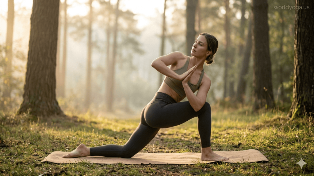 Person performing a low lunge with back knee on floor and spinal twist in an outdoor natural setting during sunrise with soft lighting and watermark “worldyoga.us” in top-right corner.