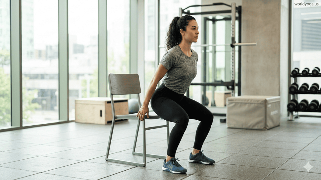 A person performing a Chair Squat: High Stance with a partial squat position, maintaining an upright torso and proper knee alignment near a chair.