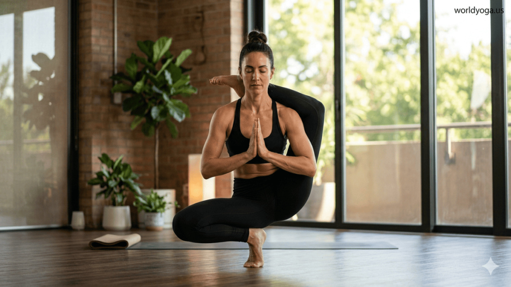 Advanced yoga practitioner performing a One-Legged Squat with leg behind the head inside a modern yoga studio.