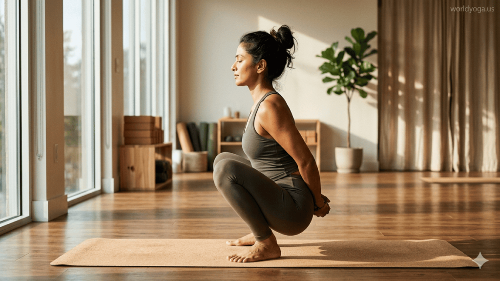 Yoga practitioner performing Hands Bound Garland Pose in a deep squat with bound arms, demonstrating flexibility, balance, and mindfulness in a calm yoga setting.