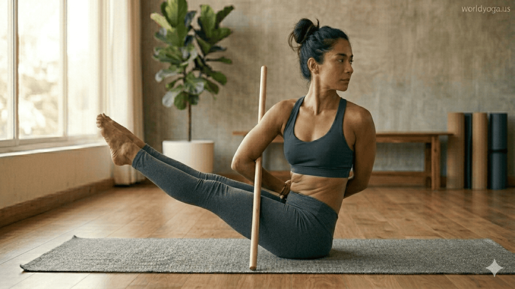 Bound Yogic. Advanced yoga practitioner holding a twisted bound Boat Pose in a modern studio with strong core engagement and elevated legs. Watermark “worldyoga.us” in top right corner.