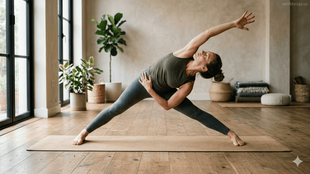 A yoga practitioner performing Legs Wide Straight Spine Twist and Backbend in a wide-legged standing posture with spinal rotation and controlled backbend.