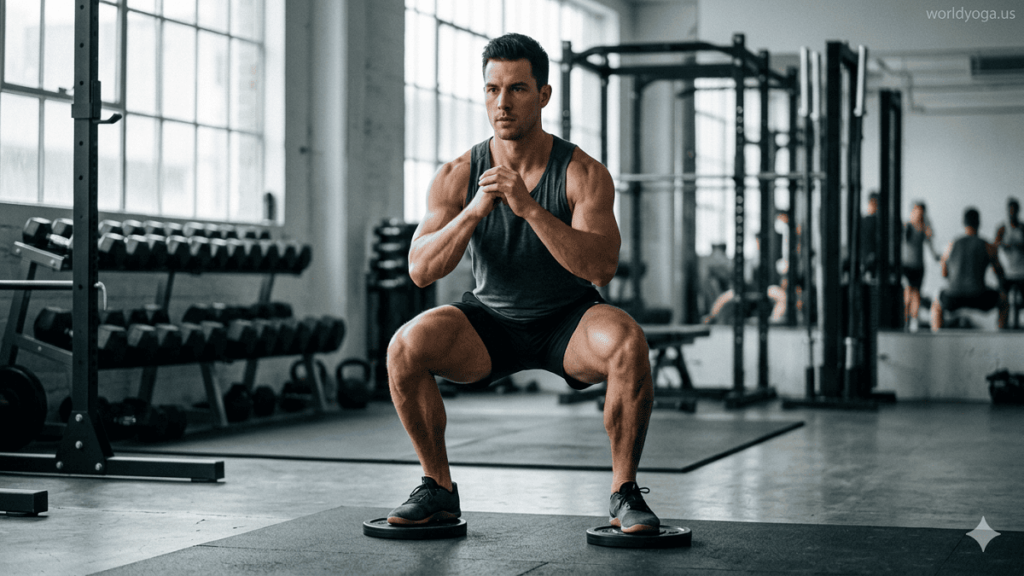 Athlete performing a heels-up squat with knees pushed outward on elevated heels in a modern gym.