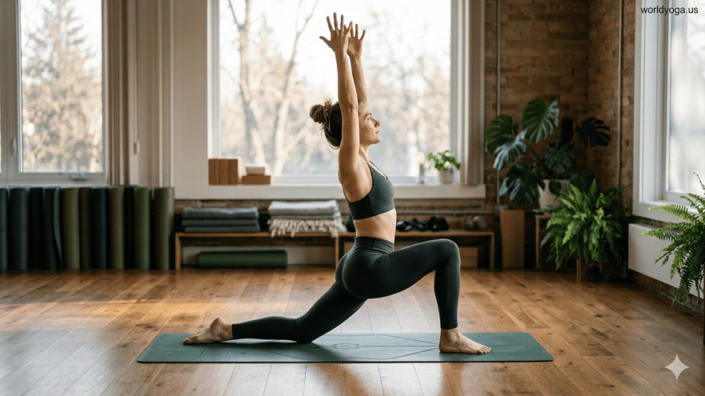 A person performing Anjaneyasana (Crescent Lunge Pose) in a bright yoga studio with arms raised overhead and correct alignment.