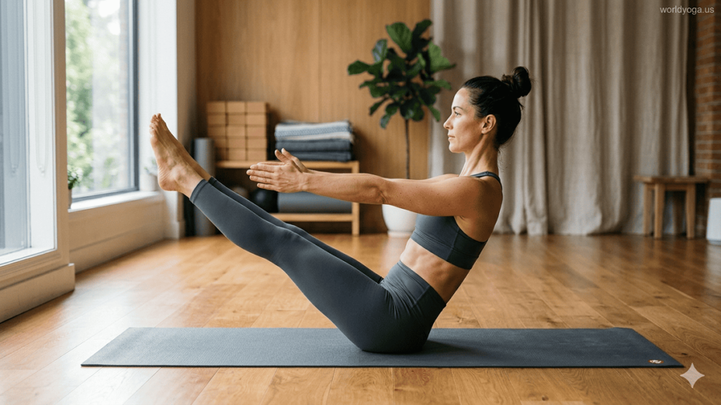 Person performing advanced Boat Pose with both legs straight, balancing on sit bones with a long spine, engaged core, and arms extended forward in a yoga studio setting.