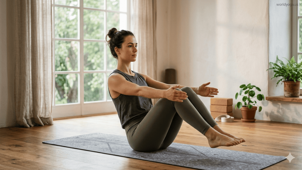 A person performing Sukha Navasana (gentle Boat Pose) on a yoga mat in a calm studio, seated in a semi-reclined position with bent knees and lifted feet, demonstrating core engagement and balance.