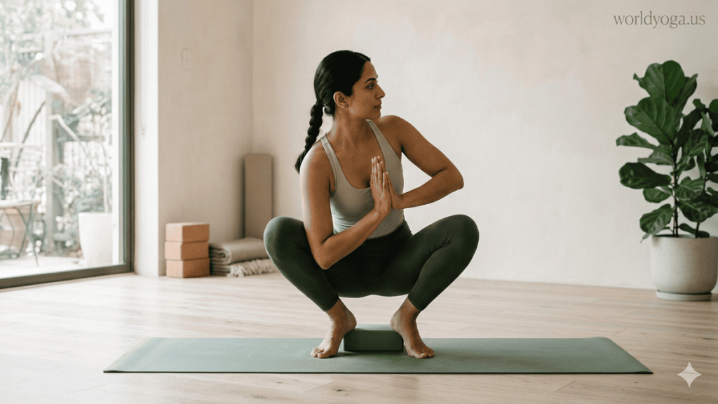Person performing Pashasana (Noose Pose) variation with hands in prayer, in a deep squat with a controlled spinal twist in a calm yoga setting.