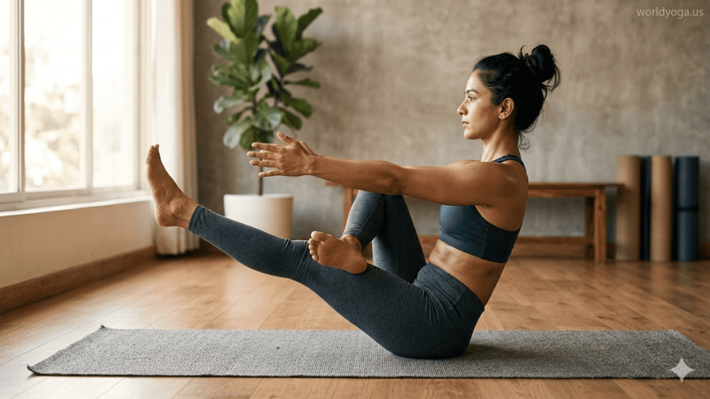 A person performing an intermediate asymmetrical Boat Pose yoga variation in a studio with one foot placed near the opposite knee while balancing on sit bones.