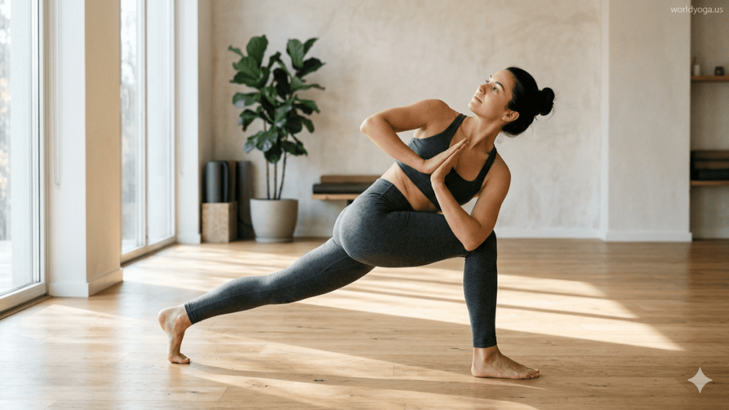 A yoga practitioner performing Parivritta Prapadasana in a deep lunge with a controlled spinal twist and hands in prayer position.