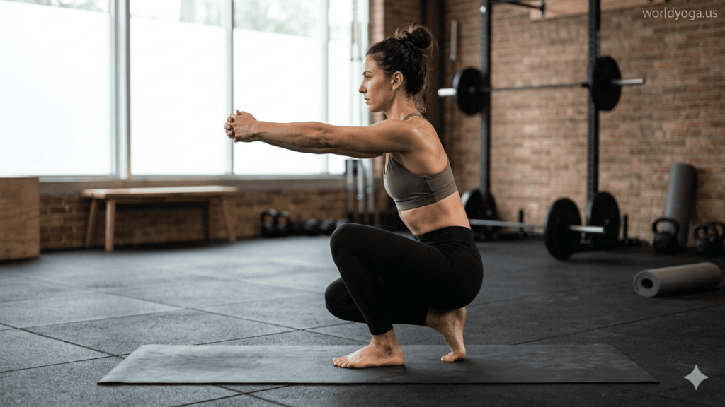 A person performing a controlled one-legged squat with the foot positioned under the knee, maintaining balance, proper alignment, and core stability.