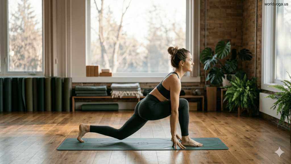 A person performing Ashva Sanchalanasana (Equestrian Pose / Low Lunge) in a yoga studio with correct alignment and hands placed beside the front foot.