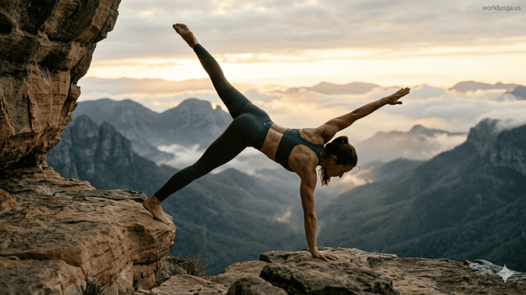 Advanced yoga practitioner performing Hand-to-Ankle One-Legged Downward-Facing Dog pose, balancing on one hand and one foot while holding the lifted ankle with the opposite hand in a bound variation showing strength, flexibility, and core stability.