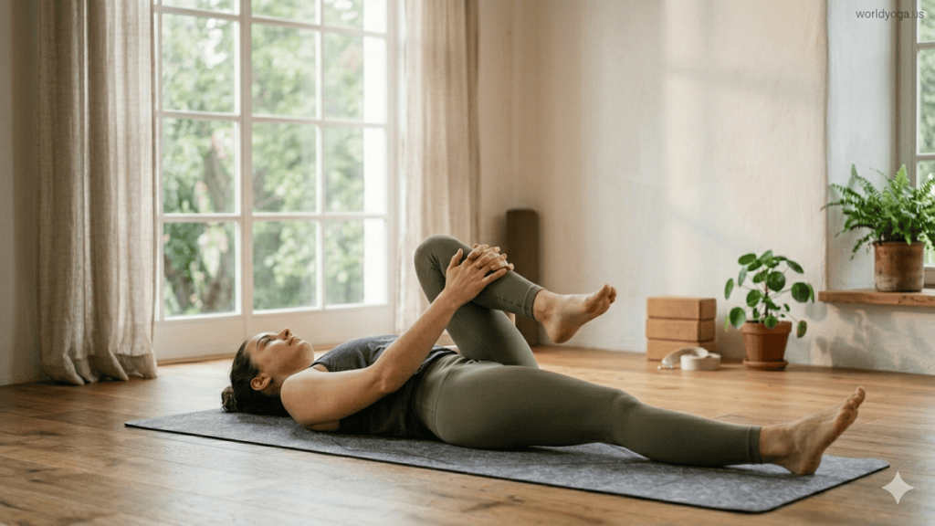 Person lying in Ardha Vayu Muktyasana, a supine yoga pose with one knee drawn toward the chest and the other leg extended straight, demonstrating gentle abdominal engagement and spinal relaxation.