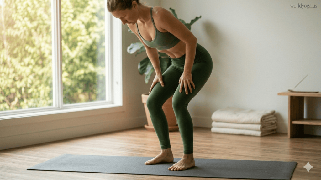 Person performing Abdominal Lift Pose in standing position with knees bent and abdomen drawn inward in a calm yoga studio with watermark “worldyoga.us” at top right