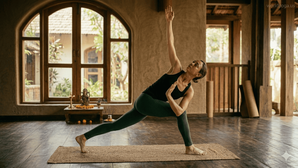 A person practicing Angle Pose yoga variation with a wide stance and extended arms in a calm studio environment.