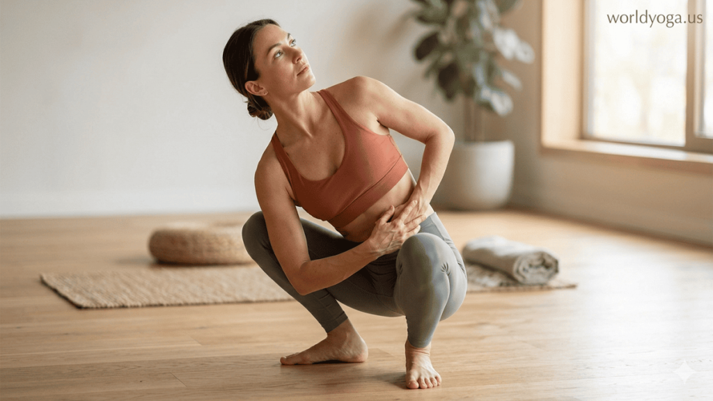 Person performing Ardha Baddha Pashasana in a deep squat with a half bind and gentle spinal twist in a calm yoga studio setting.