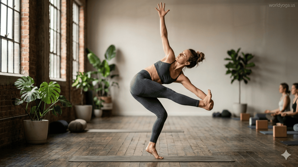 Advanced yogi performing Revolved Tip Toe Pose variation, balancing on the tip of one foot with a deep spinal twist and arms extended for stability in a yoga studio setting.