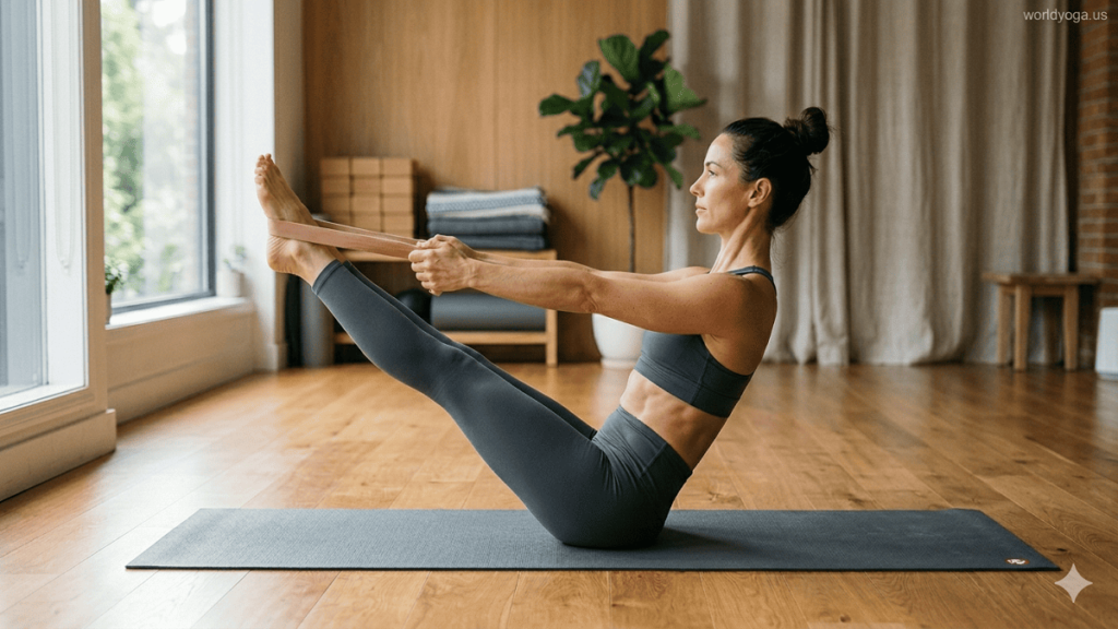 Yoga practitioner performing advanced Boat Pose while holding the feet and balancing on the sit bones with straight legs, engaged core, and lifted spine in a calm yoga environment.