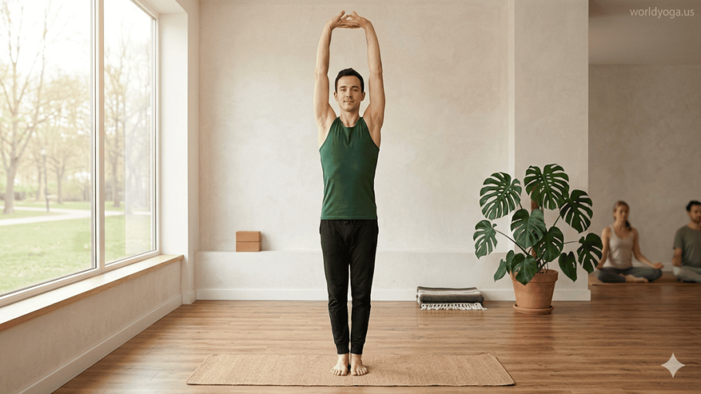 A person performing a standing upward bound-hand yoga pose in a minimalist indoor studio with natural light.