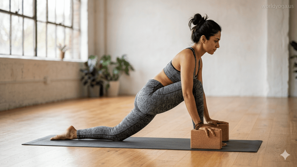 An advanced yoga practitioner performing Ardha Padma Uttana Pristhasana in a studio using a low lunge, half-lotus leg position, and forward extension with hands on blocks.