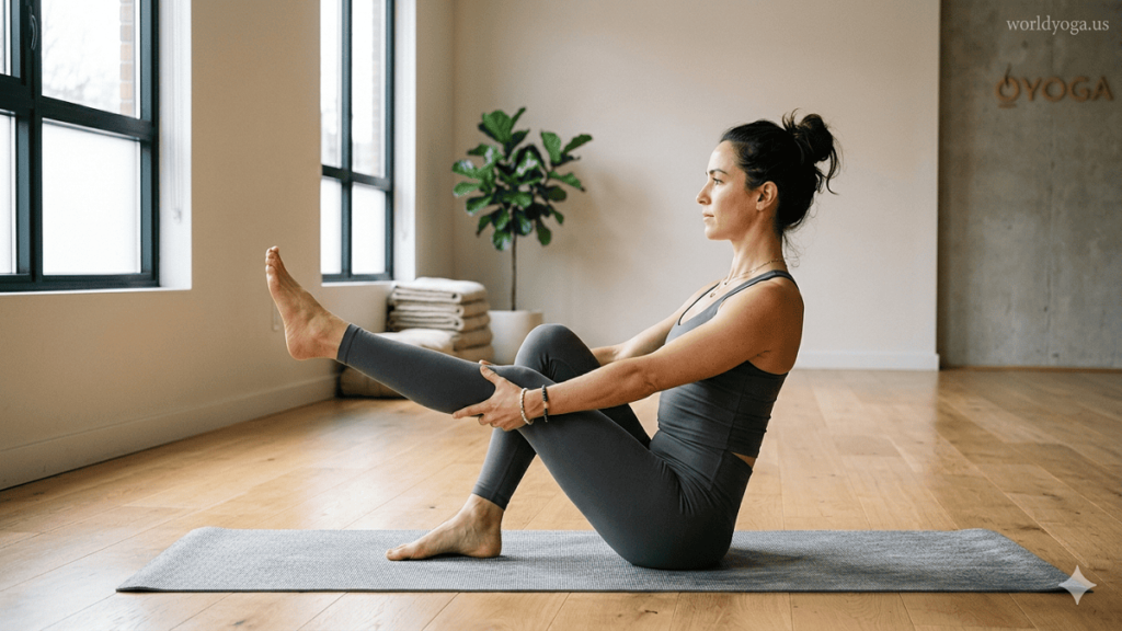 A yoga practitioner performing One-Legged Supported Boat Pose in a minimalist studio with one leg extended and hands providing light support.
