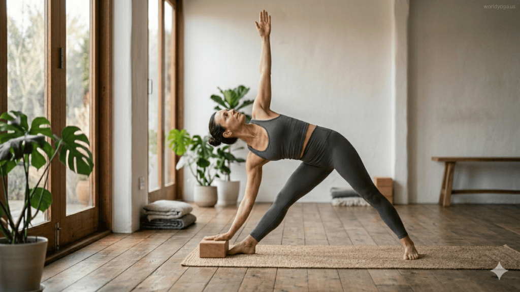 Yoga practitioner performing Triangle Pose (Trikonasana) in a modern indoor yoga studio with proper alignment.