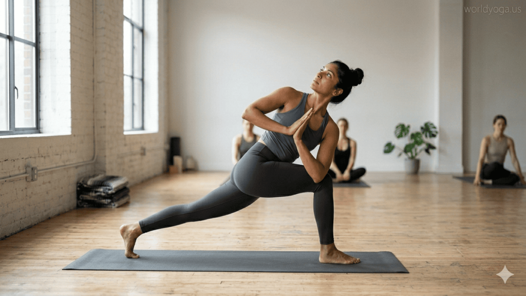 Advanced yoga practitioner performing Both Hands Free Revolved Side Angle Pose in a deep lunge with a spinal twist, demonstrating balance, core strength, and stability without hand support.