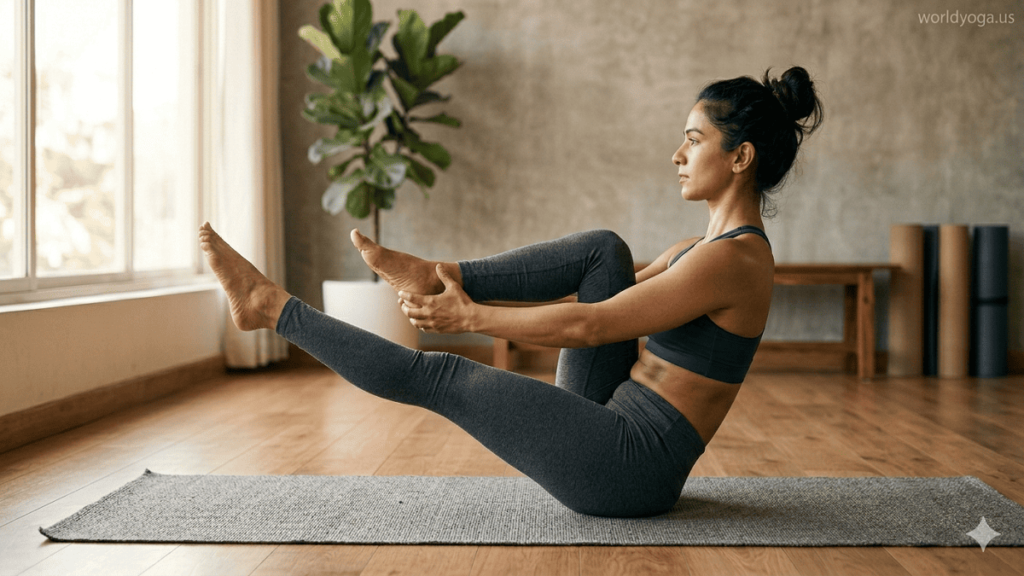 A person performing an advanced Baby Cradle variation of Boat Pose in a yoga studio, balancing on sit bones with one leg extended and the other cradled in the arms.