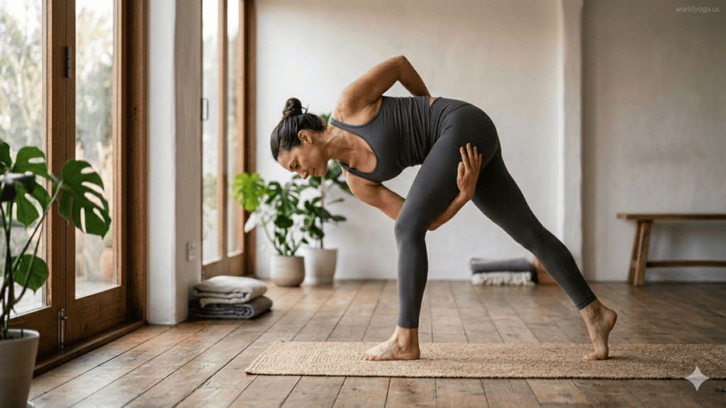 Yoga practitioner performing Vishama Pada Prapada Parshvottanasana in a professional indoor yoga studio.