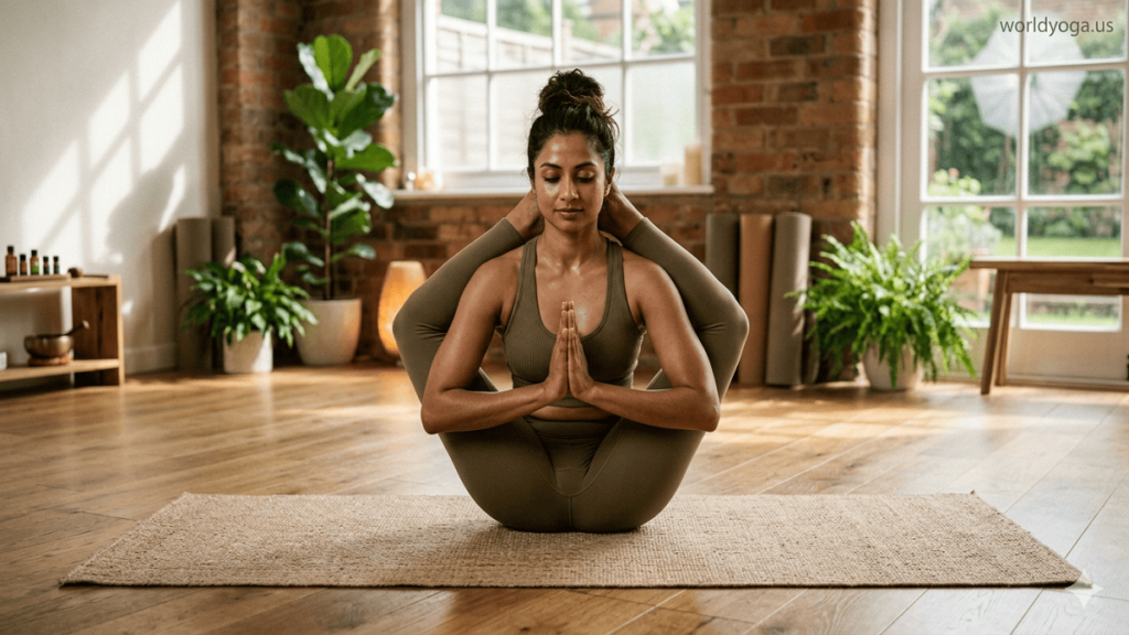Female yoga practitioner performing Necklace Pose (Kanthasana) in a calm professional yoga studio with natural sunlight.