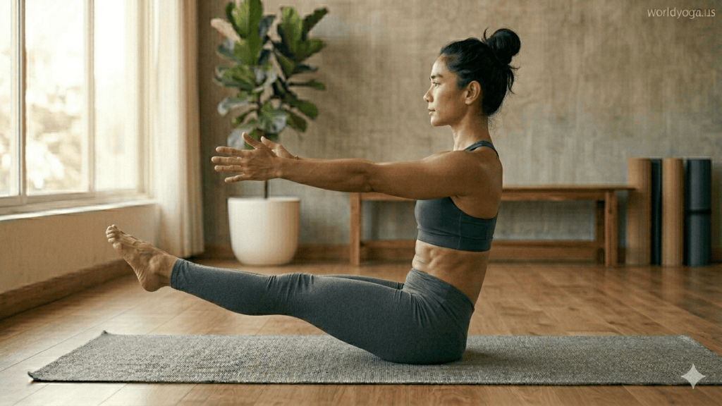 A woman performing Boat Pose yoga variation indoors with one leg straight and one leg bent, arms extended forward, in a calm studio setting with natural light.