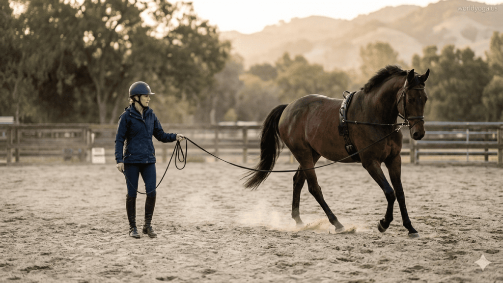 Equestrian . Horse performing a controlled lunge in a circular pattern with a trainer at the center in an outdoor arena during sunrise.