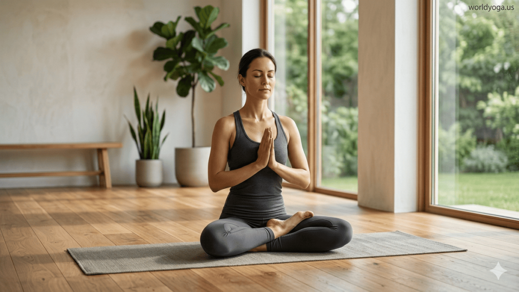 Person seated upright in Yoni Dandasana on a yoga mat inside a minimalist studio with soft natural light, calm expression, aligned spine, and watermark “worldyoga.us” in the top-right corner.