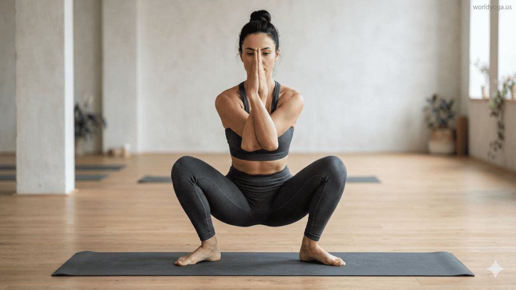 A yoga practitioner performing Hasta Garudasana in Malasana in a studio, holding a deep squat with eagle arms crossed, demonstrating balance, hip mobility, and shoulder engagement. Watermark “worldyoga.us” appears in the top right corner.
