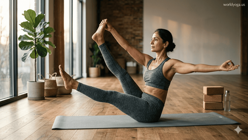 Yoga practitioner performing Eka Pada Eka Hasta Salamba Navasana with strong core balance in a modern yoga studio.
