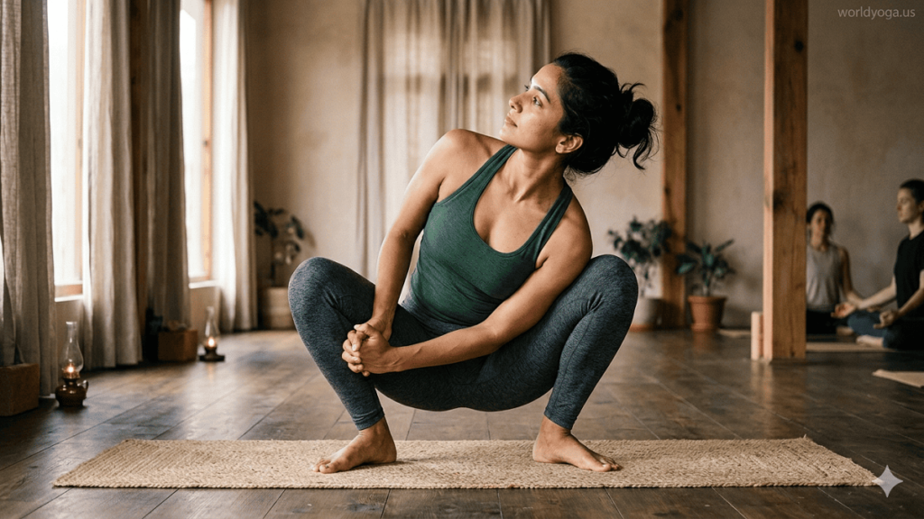 Yoga practitioner performing Ardha Baddha Parivritta Malasana in a deep squat with spinal twist and bound arm in a minimal studio setting