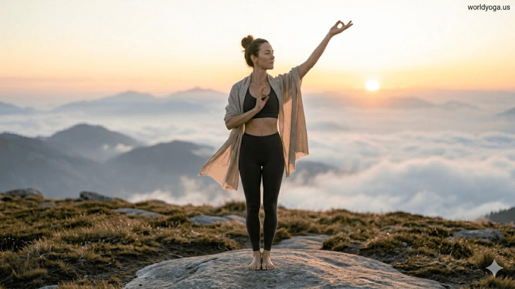 One Hand Rising. A person performing a one-arm standing balance yoga-inspired pose on a mountain plateau during sunrise with one hand raised toward the sky.