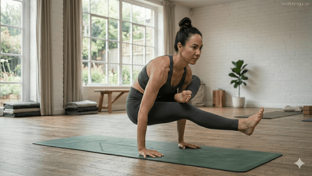 An advanced yoga practitioner performing Baby Grasshopper Pose in a studio with one leg hooked over the arm and body lifted in arm balance.